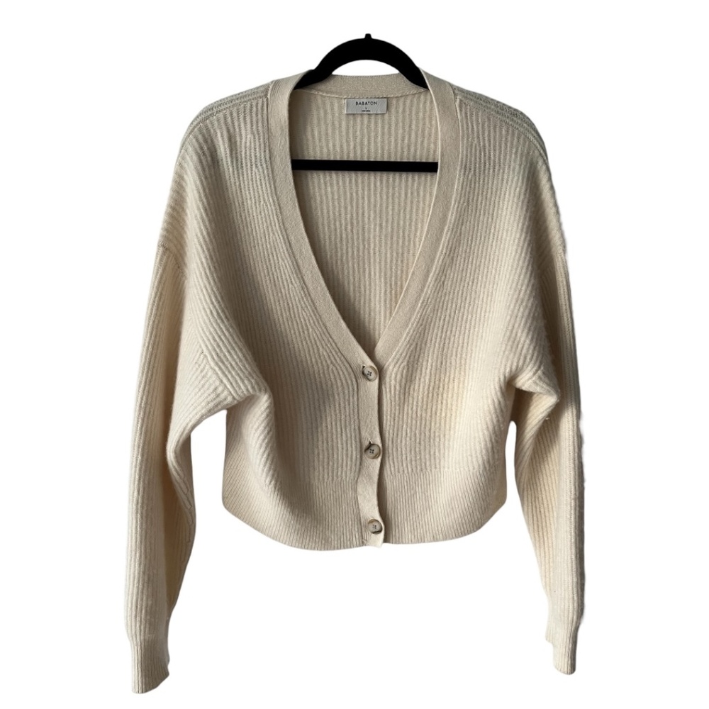 Babaton Cashmere Winter White Cream Knit Crop Cardigan Size Large